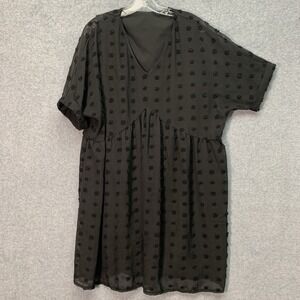 Dress Short V Neck Flowy Casual Swiss Dot Fit Babydoll XL Black Dolman Sleeve